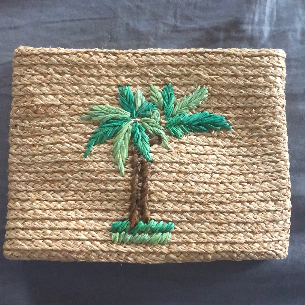 Buji Baja Straw clutch embroidered palm tree